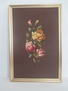 Vintage Framed Needlepoint 3 Roses 16 x 23.5